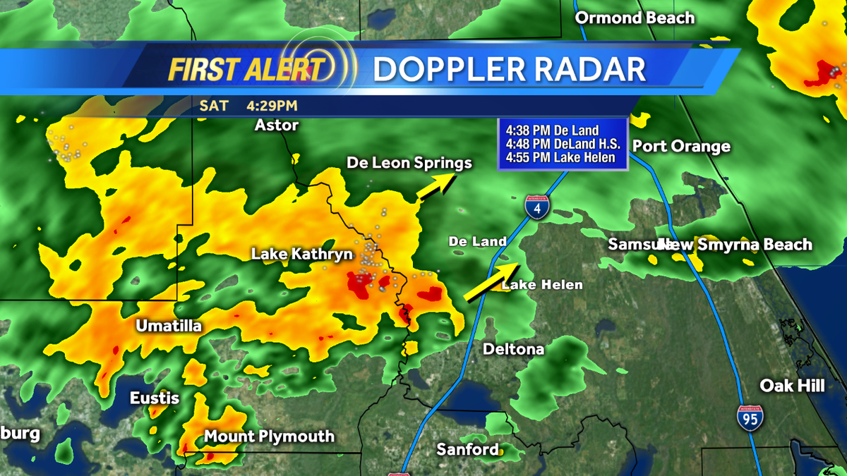 EricBurrisWX's tweet image. Heavier rain moving into Deland and Lake Helen. Here's a look at arrival times. SLOW MOVING #WESH2Storms