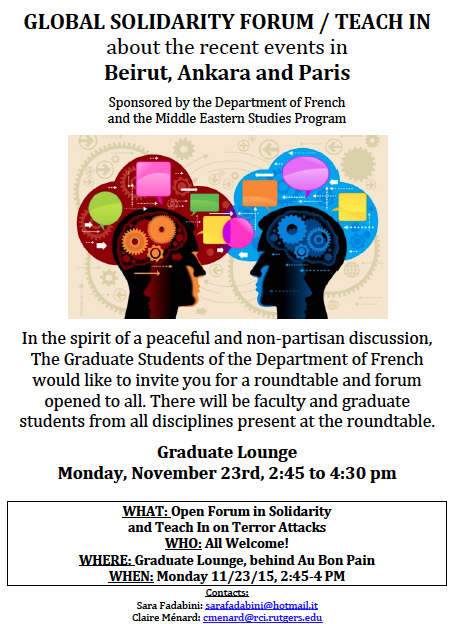 FrenchAtRutgers's tweet photo. Open Forum in Solidarity and Teach In on Terror Attacks, Graduate Lounge, behind Au Bon Pain, Monday11/23/15, 2:45pm https://t.co/QdTq3URlnY