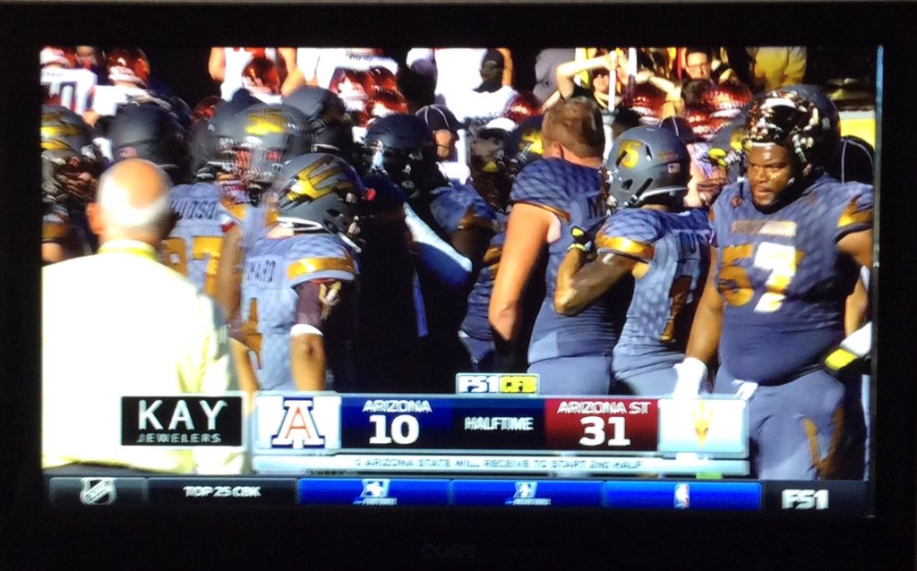 ProducerLauraH's tweet photo. Devils @FootballASU looking good over Wildcats @WildcatBearDown at halftime.  #FearTheFork #TerritorialCup https://t.co/AUnd0PCoV6