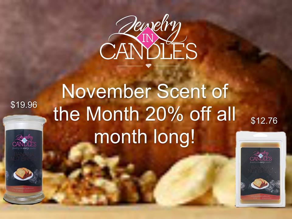 KristinJIC's tweet photo. 20% off the scent of the month, Banana Nut Bread! Each candle/tart comes with jewelry inside! Perfect holiday gift! https://t.co/LK0fFB3Wxk