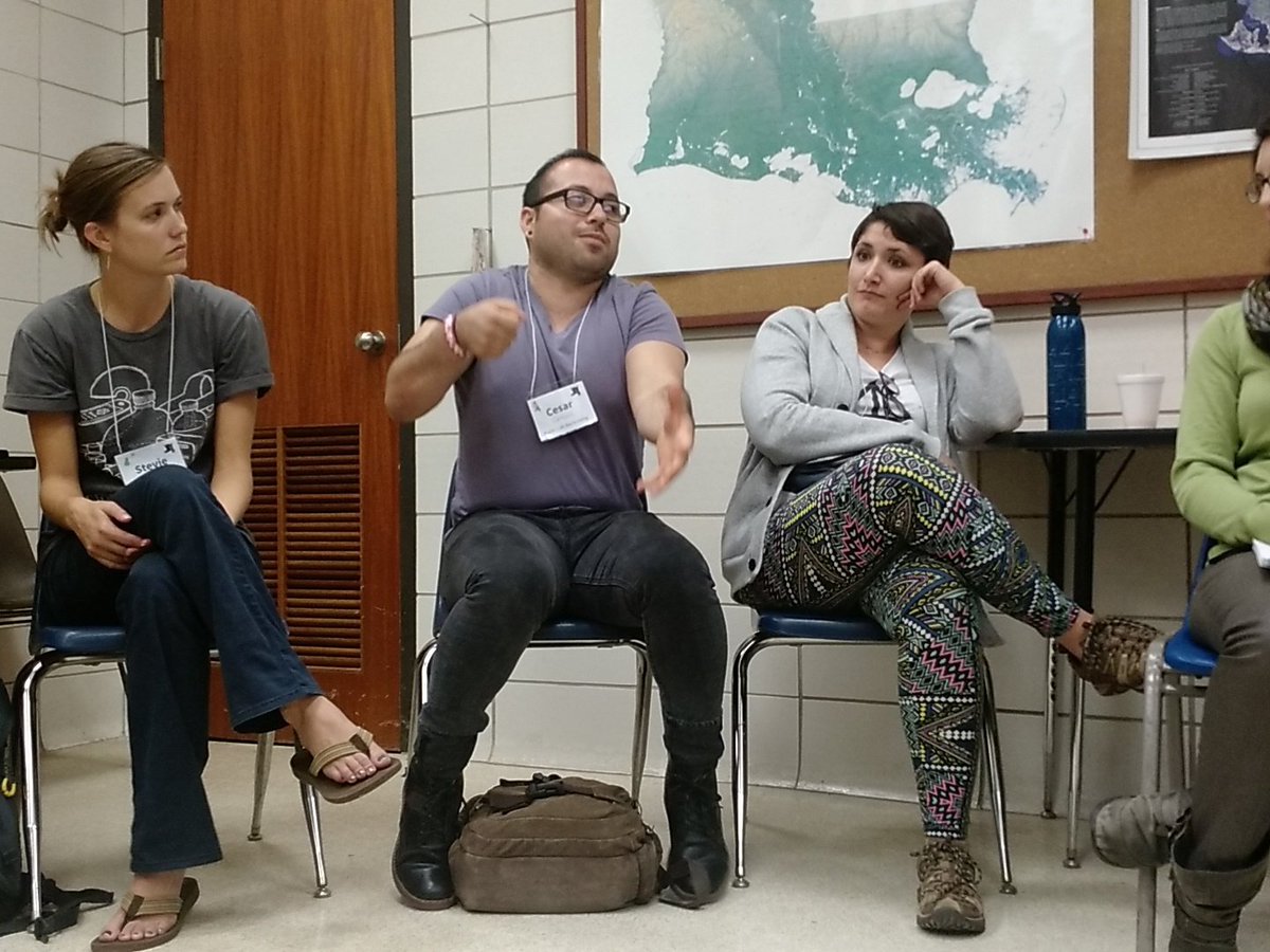 PublicLab's tweet photo. @Cesarpato129 on environmental engagement by making videos, biking tours, &amp; doing "stroller audits" #barnraising2015 https://t.co/9sf1noOmZ8
