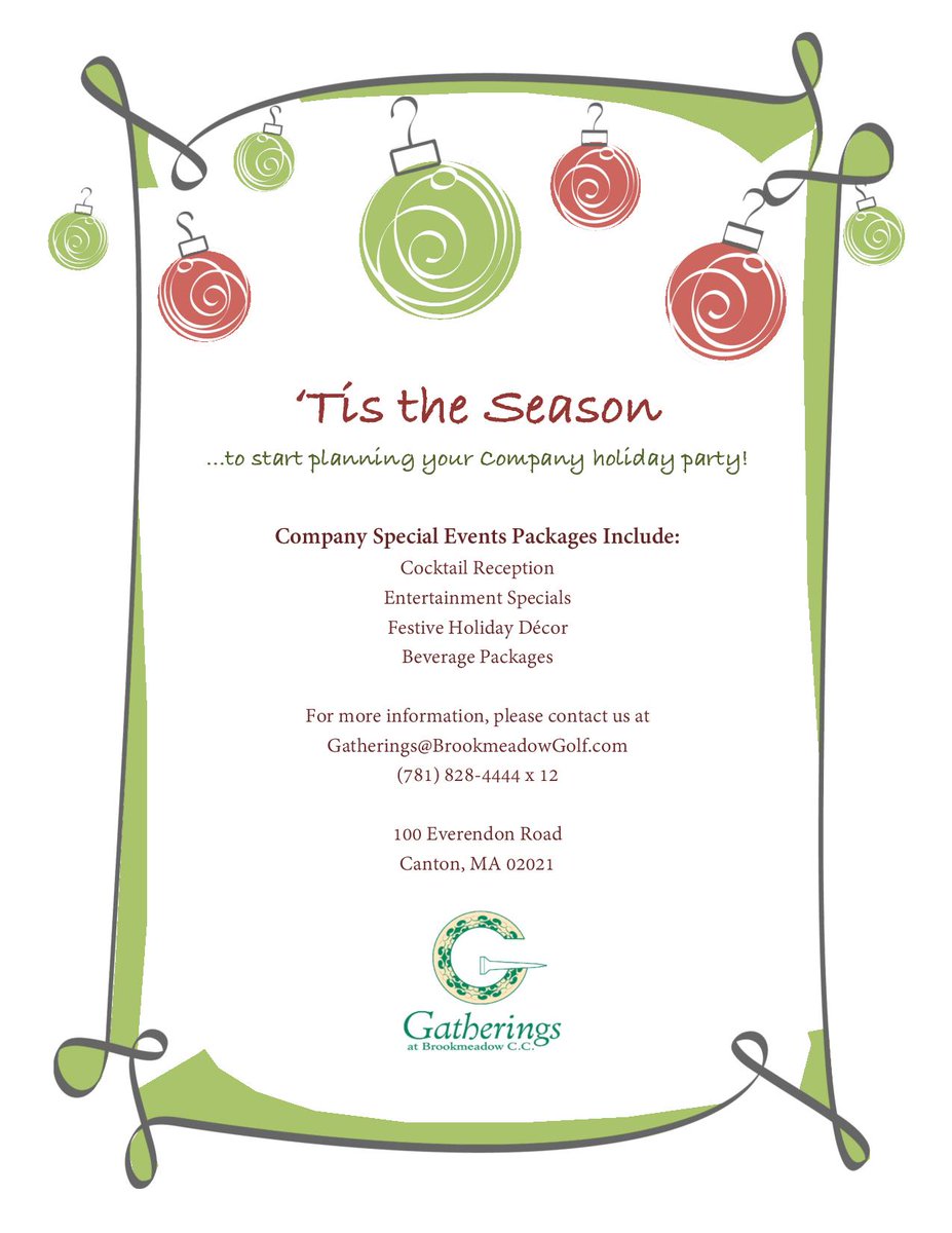 Book your company party at Gatherings and receive menu and entertainment specials! #BrookmeadowCC #HolidayParty