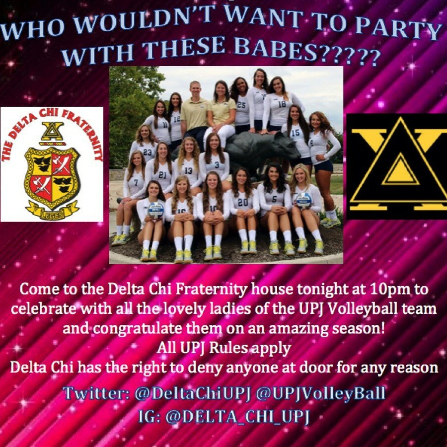 DeltaChiUPJ's tweet photo. Come celebrate an incredible season with us and the Volleyball team tonight at 10!  See you there! https://t.co/xVg3kvWDz1