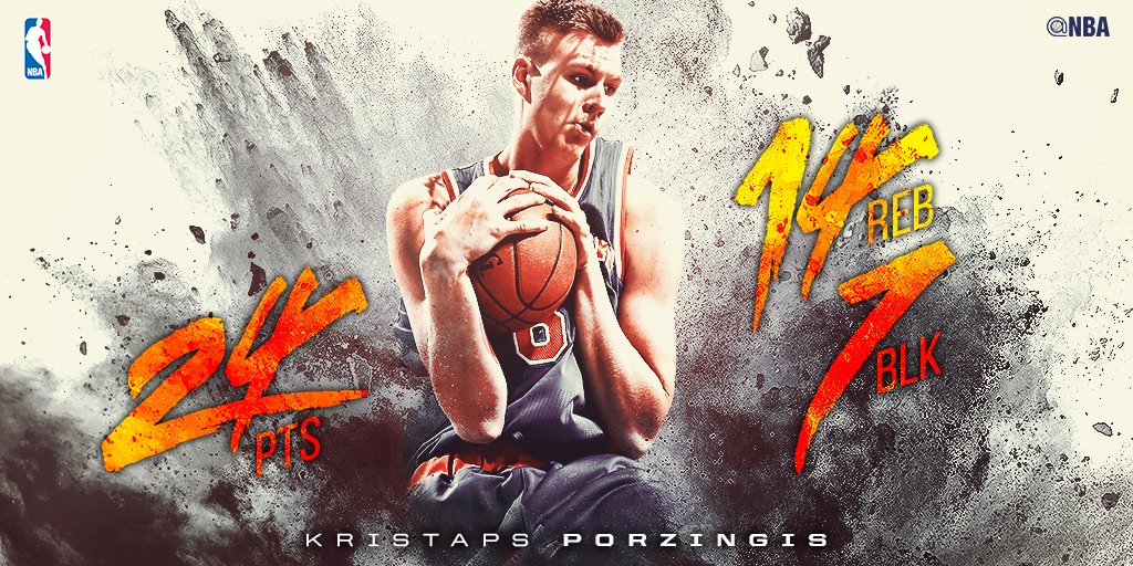 nbastats's tweet photo. Kristaps Porzingis led his team to victory with 24 points (8-12 FG) 14 rebounds &amp; 7 blocks! #StatLineOfTheNight https://t.co/CA7jf5Lb4p