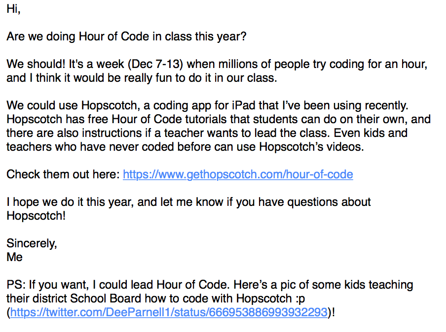 billie_staples's tweet photo. Email from a student. Exciting when students lead the learning. #hopscotch #HourOfCode #cgsjst4 #curiousaboutcode https://t.co/LkueoQ2kXe