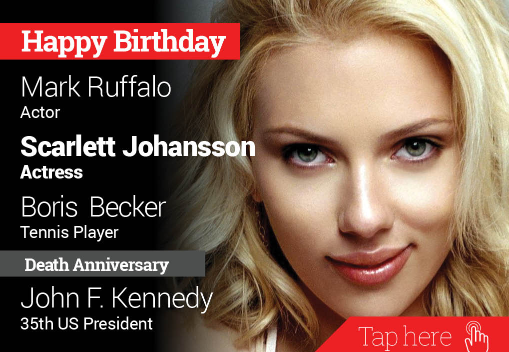 Homage John F Kennedy.  Happy Birthday Mark Ruffalo, Scarlett Johansson, Boris Becker 