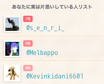 NARUTO93914389's tweet photo. あなたに実は片思いしている人リスト
1位@s_e_n_r_i_
2位@Melbappo
3位@Kevinkidani6601

→　https://t.co/ceu2arVXJ2

みんなで診断！ https://t.co/TXbfOBDdea