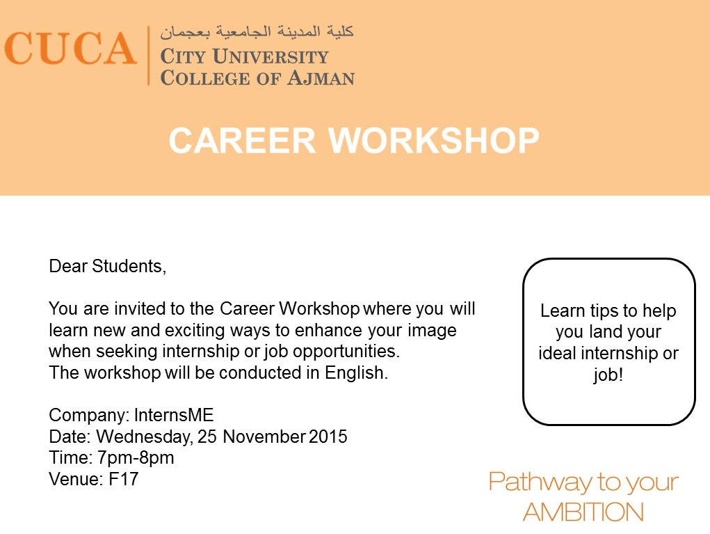 cuajman's tweet photo. #career #workshop #cucajman #internsme #wensday #job #opportunities #learn @InternsME @CUCAjman https://t.co/Nqx0DXZXwh