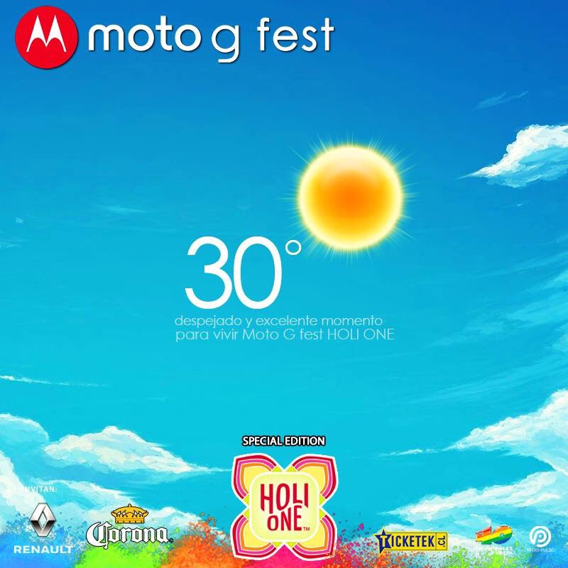 vendidochilecl's tweet photo. 30 grados de maxima nos esperan el proximo viernes para vivir Moto G Fest HOLI ONE! 
#MotoGHoliOne https://t.co/ZRhU1zB8Af