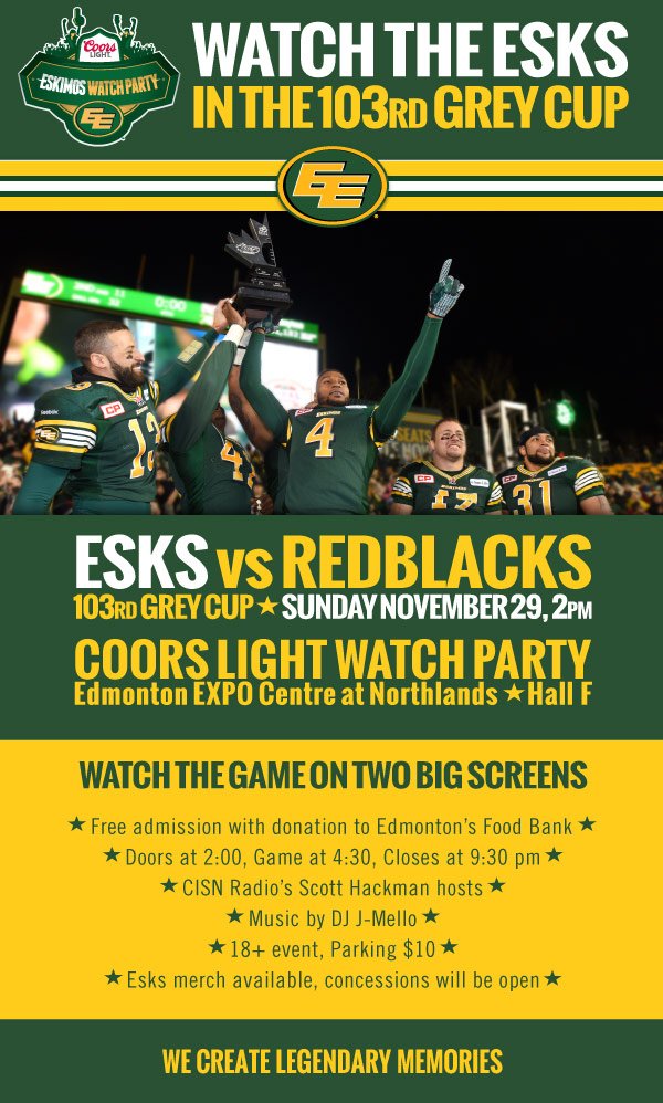 CISNCountry's tweet photo. Join @CISNCountry's @scottTHATcounts at the @EdmontonEsks #GreyCup103 #EsksWatchParty @Northlands. #Yeg #HugAHackman https://t.co/6Q3MwXso0i