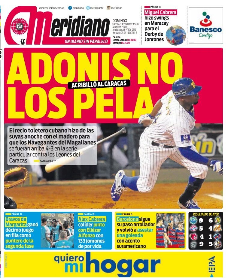 Magallanes_News's tweet photo. Portada MERIDIANO: 'ADONIS NO LOS PELA'. (Acribillo al Caracas). https://t.co/ZTXOS3vThw