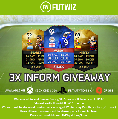 FUTWIZ's tweet photo. Win RB Vardy/SIF Suarez/IF Iniesta on FUT16! Follow+RT to enter, winners drawn Weds 2nd Dec https://t.co/VN7vssLMuy https://t.co/hVlXPjzE9n