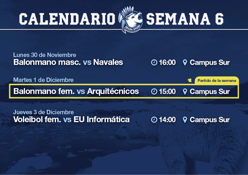 GradaEtsidi's tweet photo. Última semana de partidos antes de la #FaseFinalUPM. Nos vemos el martes para despedir el año de la mejor manera. https://t.co/M7Utyv0SQd