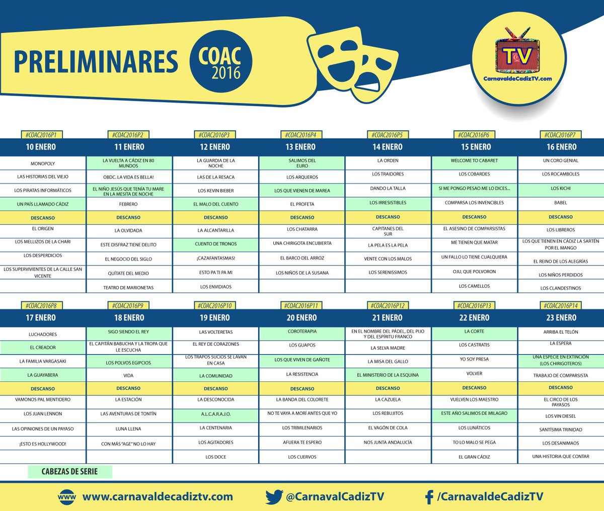 CarnavalCadizTV's tweet photo. Calendario de las Preliminares del #COAC2016

Todas las Preliminares en: https://t.co/pHD0Bx9pja #SorteoCoac2016 https://t.co/fm8dfjzQR9