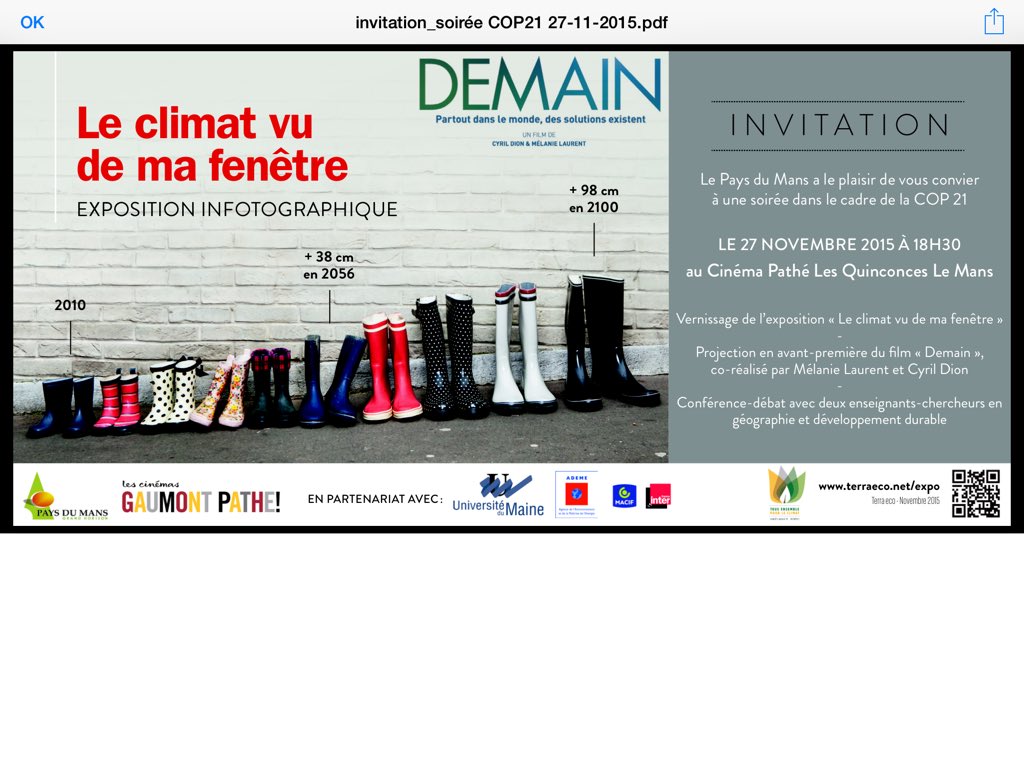 Soirée #cop21 27/11 @PaysduMans  @pathelemans @terraeco @univlemans :expo #ClimatVudeMaFenêtre #demainlefilm,débat