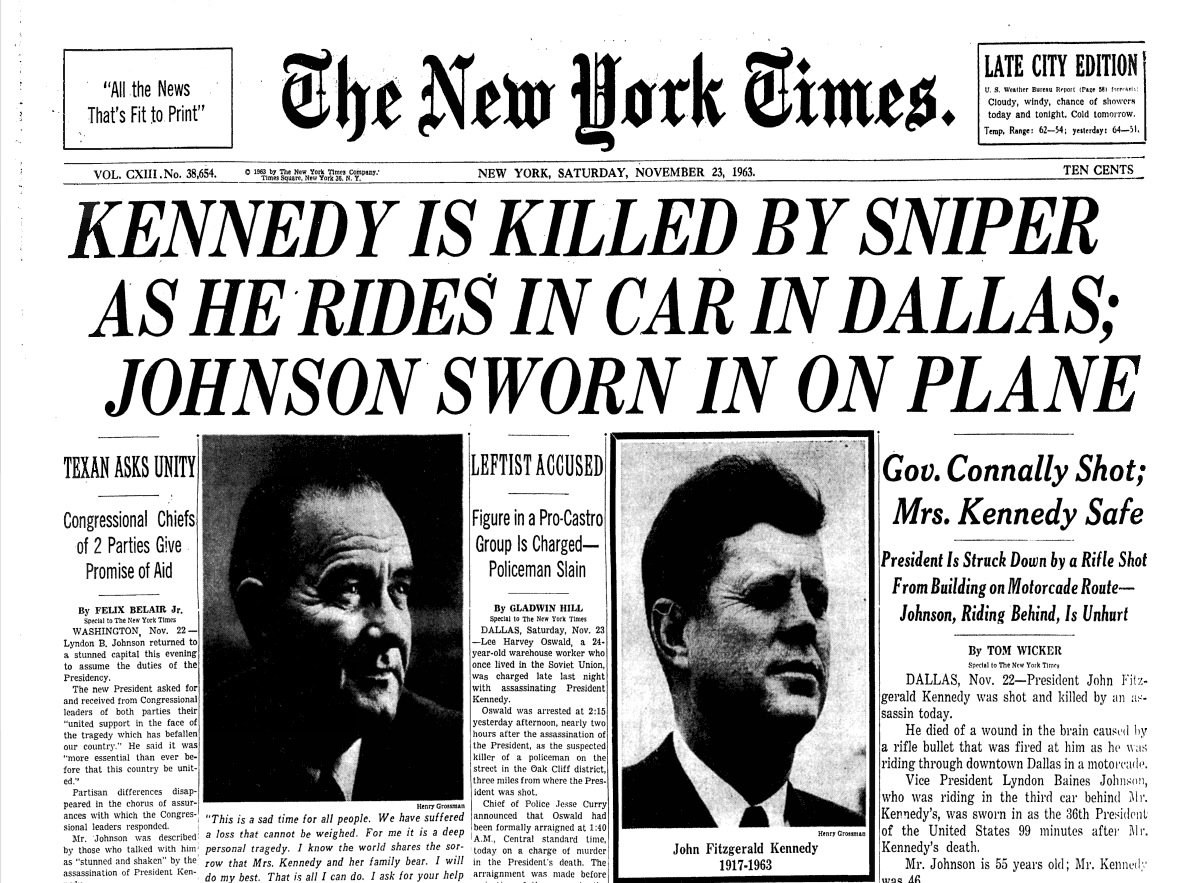 NYTArchives's tweet photo. President John F. Kennedy is assassinated, this day in 1963. https://t.co/SLGs6h0tUG https://t.co/OUumt6bL6Y