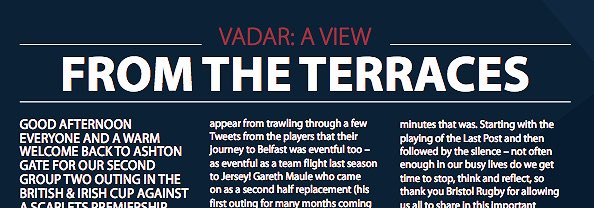 BrisVADAR's tweet photo. Pick up you @Bristol_RFC prog today &amp; read my #viewfromtheterraces and much, MUCH more! #makingbristolproud https://t.co/a8SvBDpriX