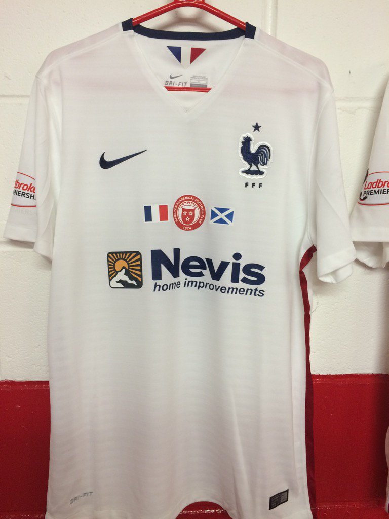 acciesfc's tweet photo. Hamilton Accies in sympathy and solidarity with the people of France will wear this one off kit today #JeSuisParis https://t.co/z02esRVKQX
