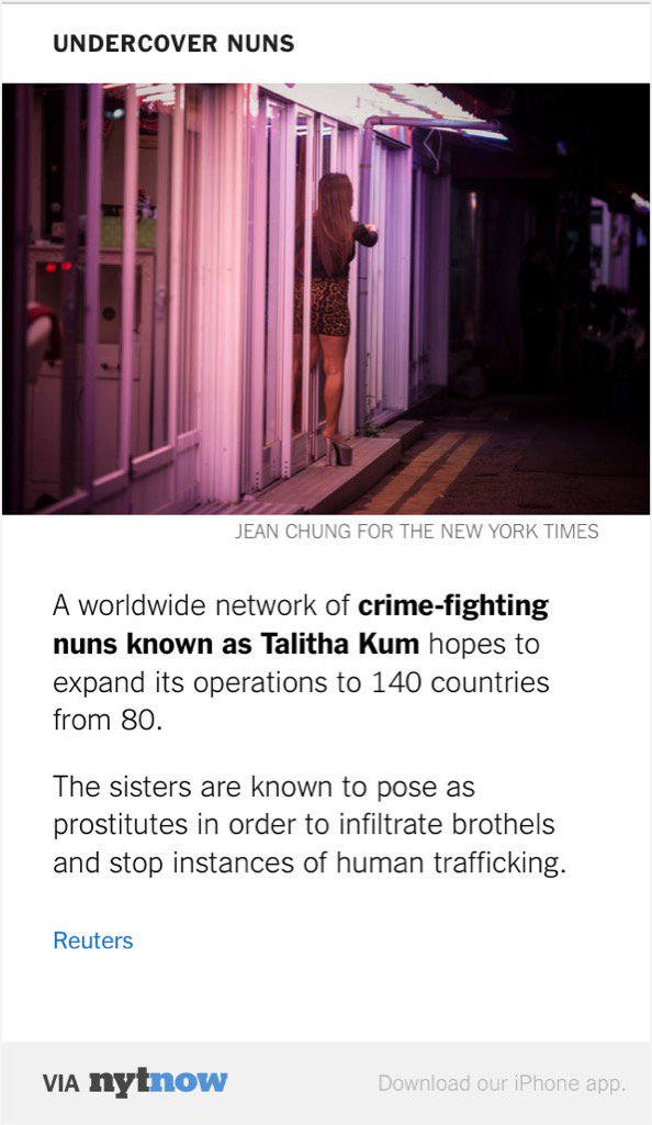 wmst2010's tweet photo. Religious Sisters Posing as Prostitutes to Save Sex Slaves Eye Expansion – via @NYTNow https://t.co/TlQEq8NjFi https://t.co/XDDK4bnDxa