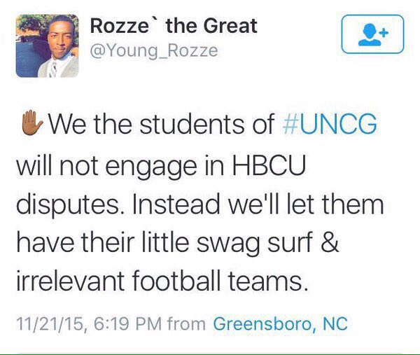 _jasrelle's tweet image. Irrelevant? But, y'all don't even HAVE a football team so...? 🤔 #howthatwork #NCAT #NCCU #HBCU #UNCG @young_rozze