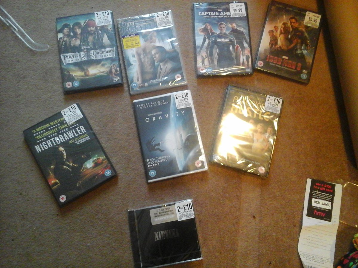 FatSamshair's tweet photo. @hmvtweets please ban me! Keep bulk buying #DVDs. #gravity #marvel #americanhustle #nightcrawler #pieates #gatsby https://t.co/q57hySlz1M
