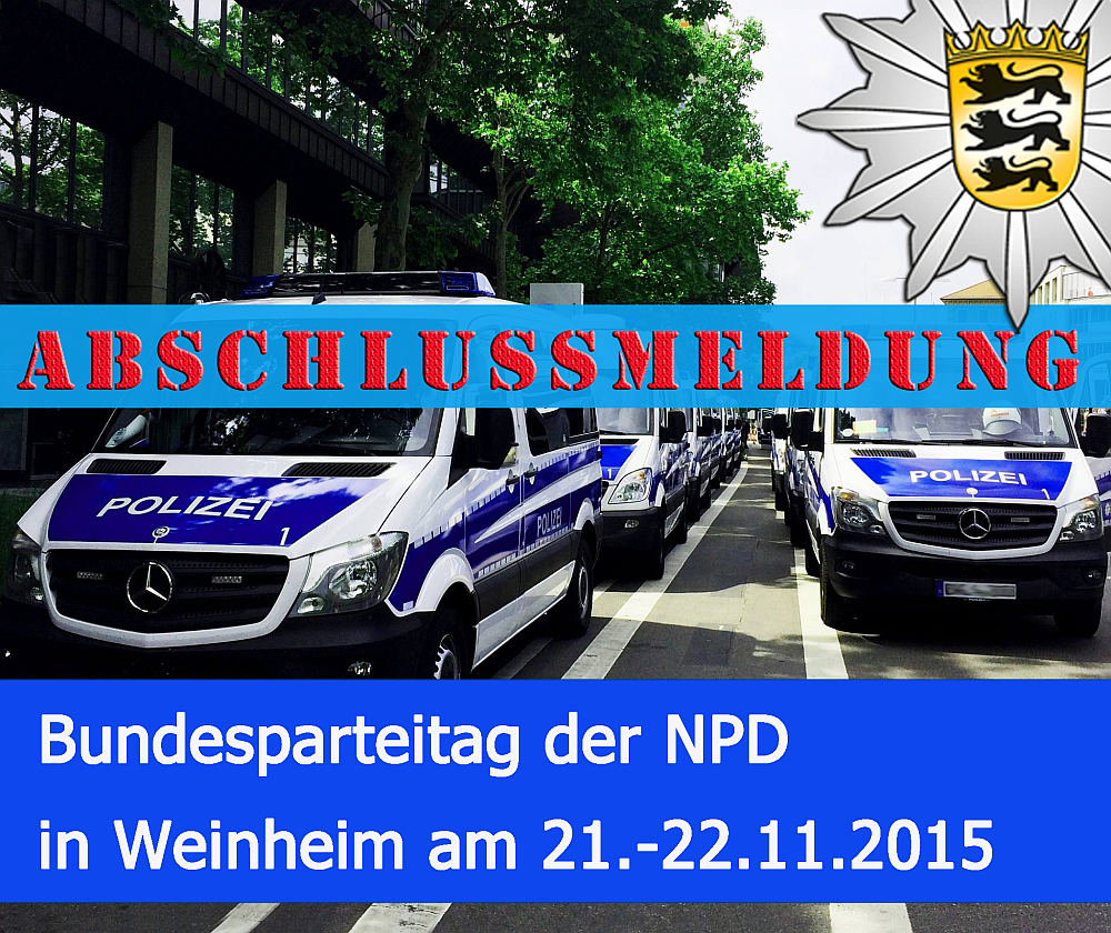 PolizeiMannheim's tweet photo. Abschlussmeldung zum #Polizei-Einsatz #NPD Bundesparteitag in #Weinheim https://t.co/j4SRonwkNl #nonpdwhm #blocknpd https://t.co/33YyHO4EAp