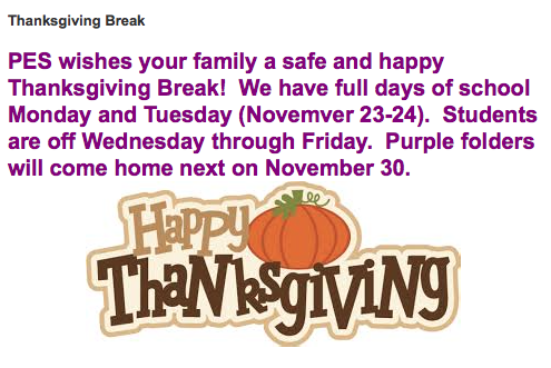 See you Mon and Tues for school!  Thanksgiving Break is Wed-Fri.  Show THANKS to others, Warriors! #LoveItLiveIt