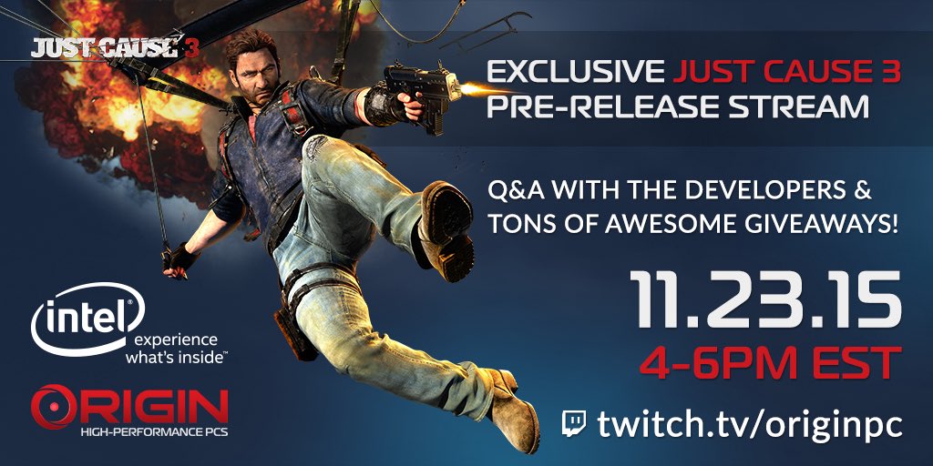 ORIGINPC's tweet image. Tomorrow is our exclusive pre-release Just Cause 3 Stream + 2 @OriginPC Giveaways!Enter here originpc.com/promotion/2015…