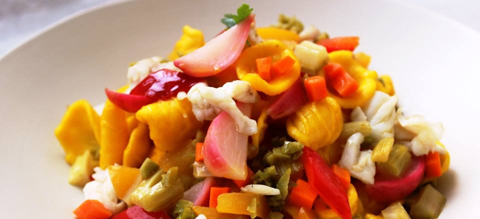 Something to brighten up Sunday! Orecchiette pasta seasoned with saffron, fresh vegetables, green olives &amp; codfish.