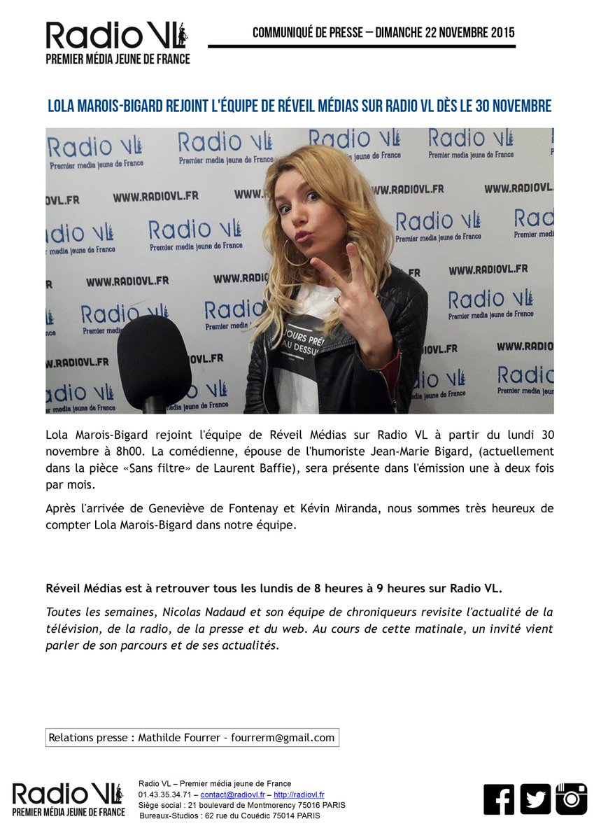 vlmedia_'s tweet photo. [COMMUNIQUE] @lolamarois rejoint l'équipe de @reveil_medias sur Radio VL dès le 30/11 ! #RéveilMédias https://t.co/1V6OmvHsCH