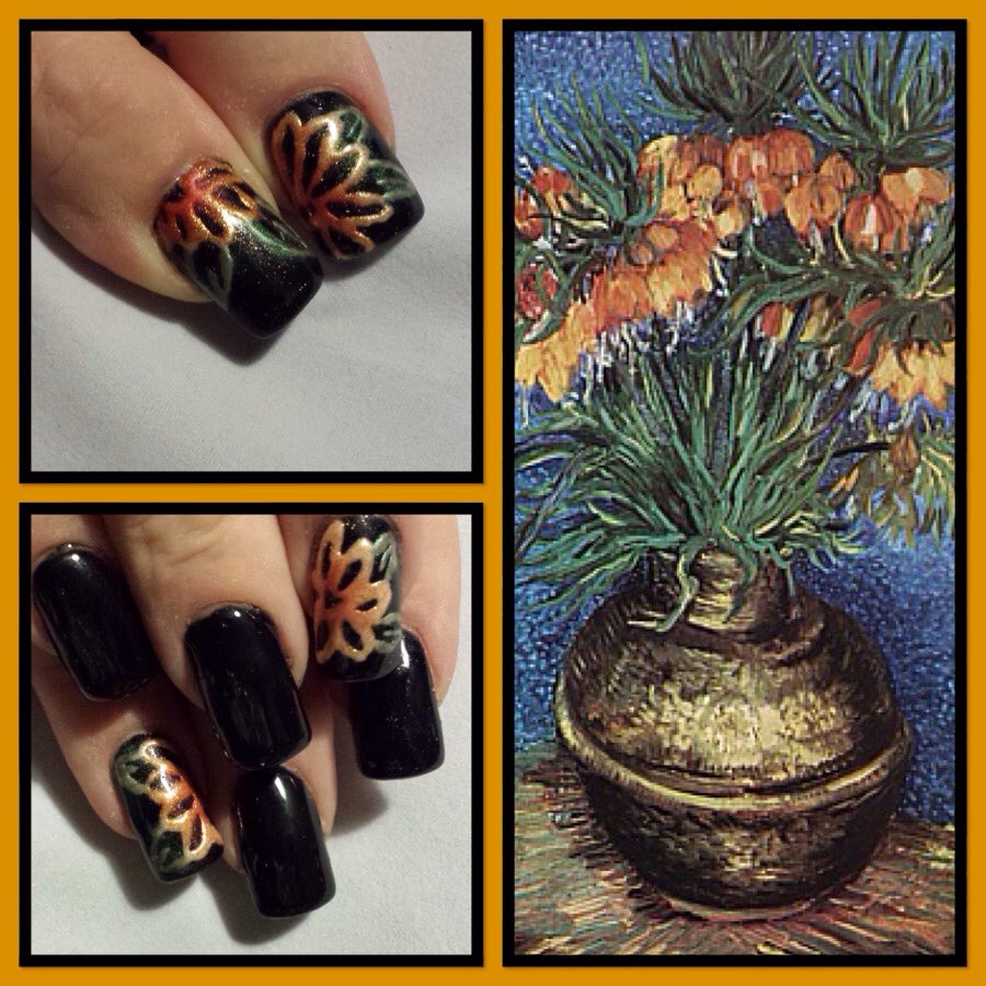 kmlcrafts's tweet photo. This week's manicure, copper colored flowers, inspired by a beautiful van Gogh painting. https://t.co/hE580AX7Km