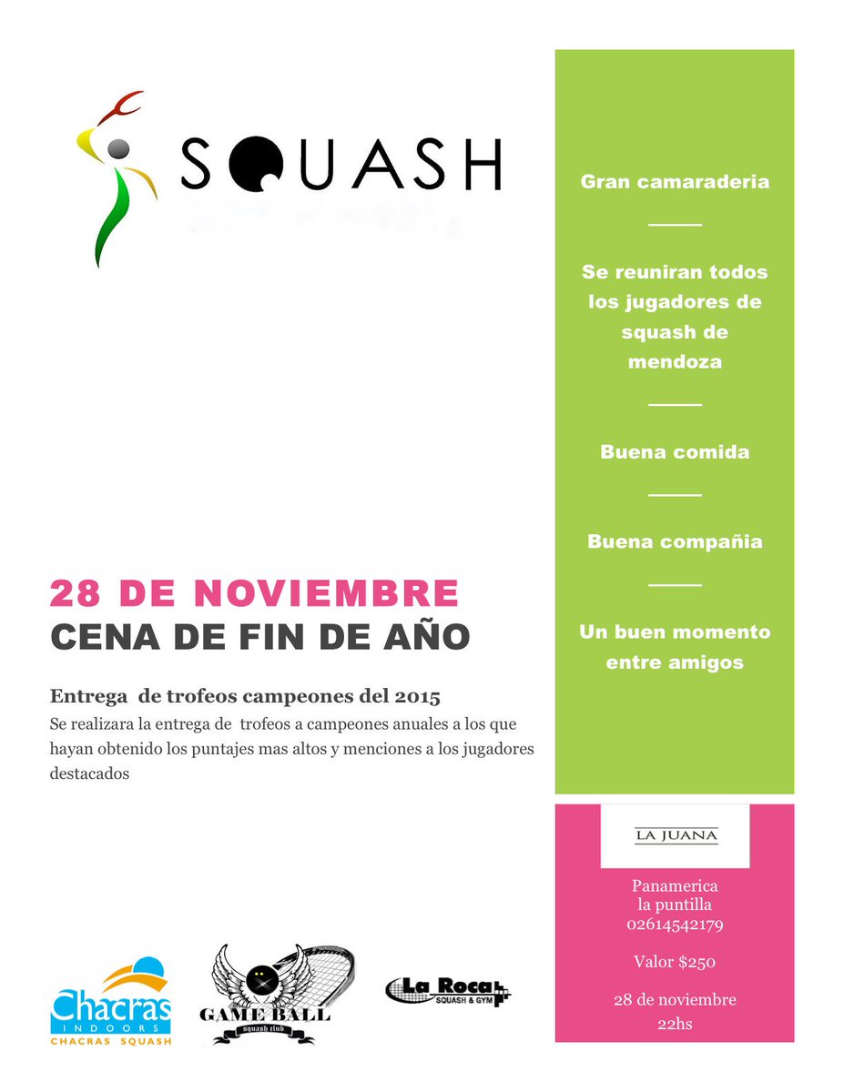 GameSquash's tweet image. Cena fin de año!!!
Te la vas a perder??!
Conseguí tu entrada anticipada en cualquiera de los tres clubes!!