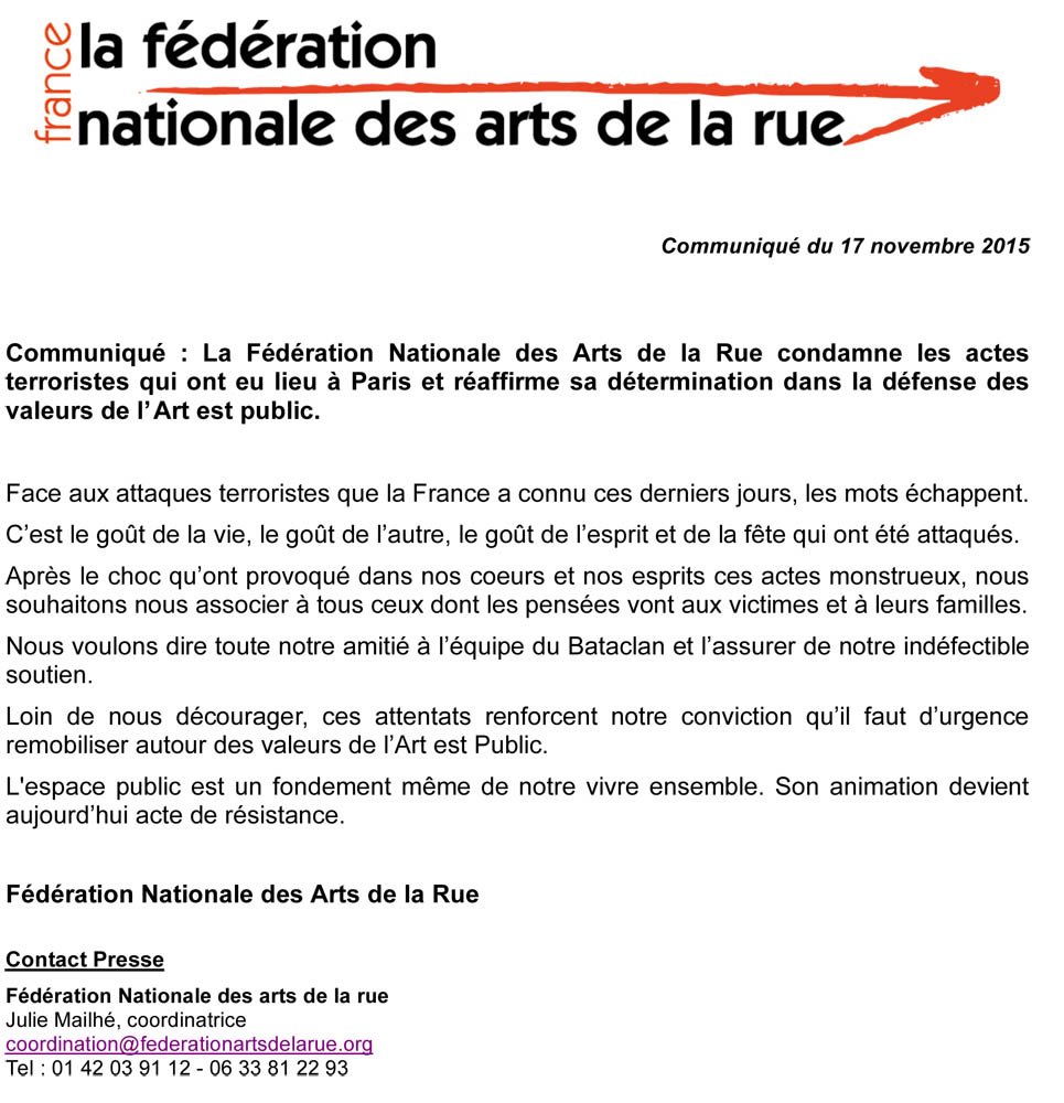 Federue's tweet photo. Communiqué de @fédérue post-attentats https://t.co/ErMz3pWiGn