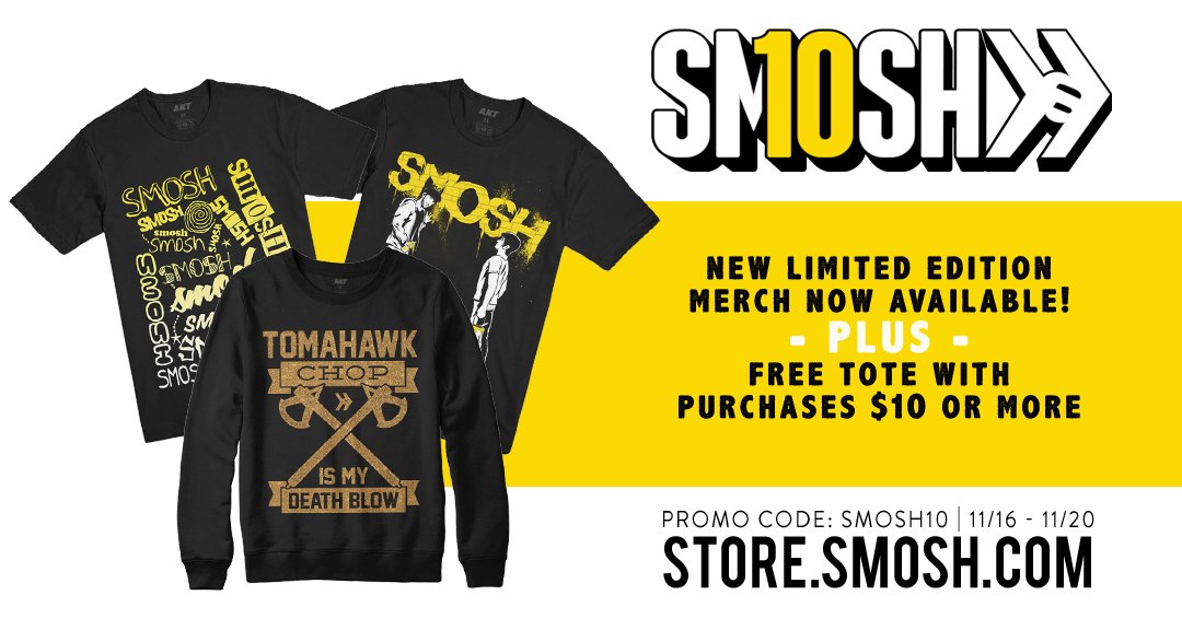 smosh's tweet photo. Last chance to get our #SMOSH10 deal in the @SmoshStore! Spend $10 & get a free tote π https://t.co/ripbJGnF3X https://t.co/XfSQVXEyaA