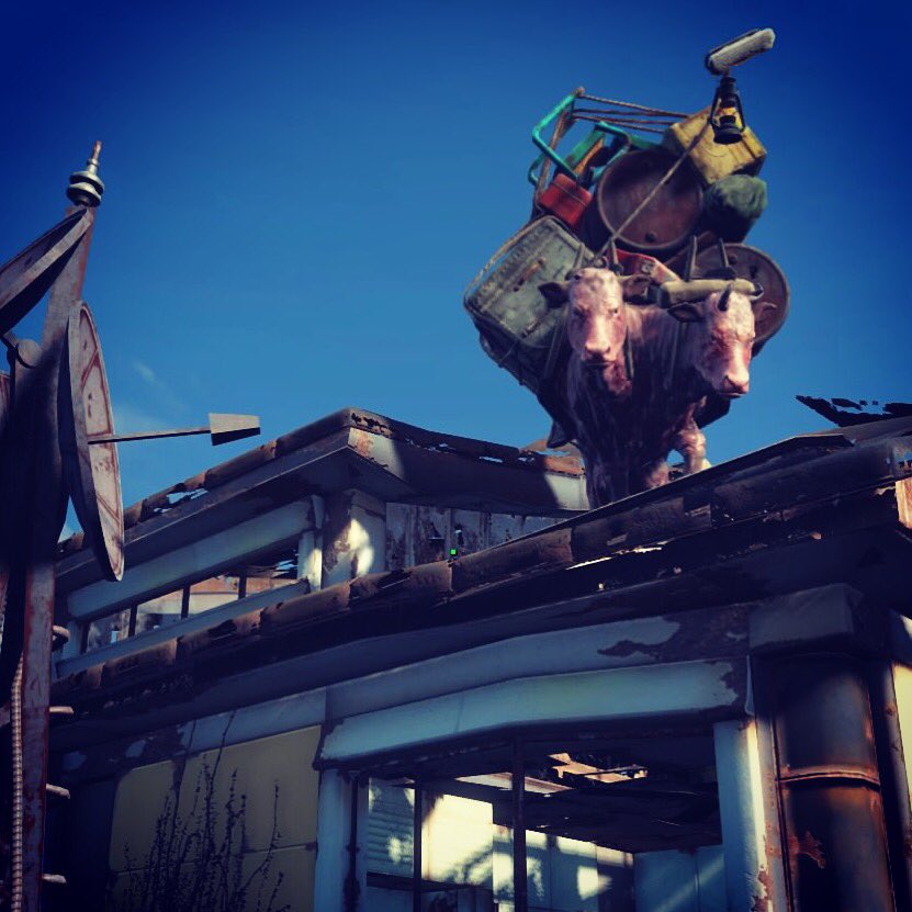 sPaNkGrRrL's tweet photo. The incredible tale of the flying Brahmin... #Fallout4 #bugs #fallout4bugs #glitch #videogames https://t.co/icZ1hFfqlX