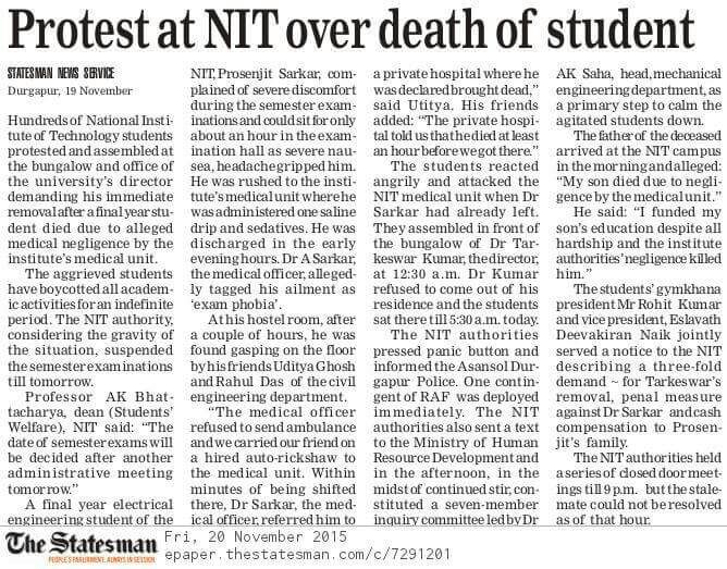 Rahulshrivstv's tweet photo. Colleagues of prosenjit sarkar 4th year  NIT student at Durgapur fight for #JusticeForProsenjit @ndtv https://t.co/pxWMZTUb4h