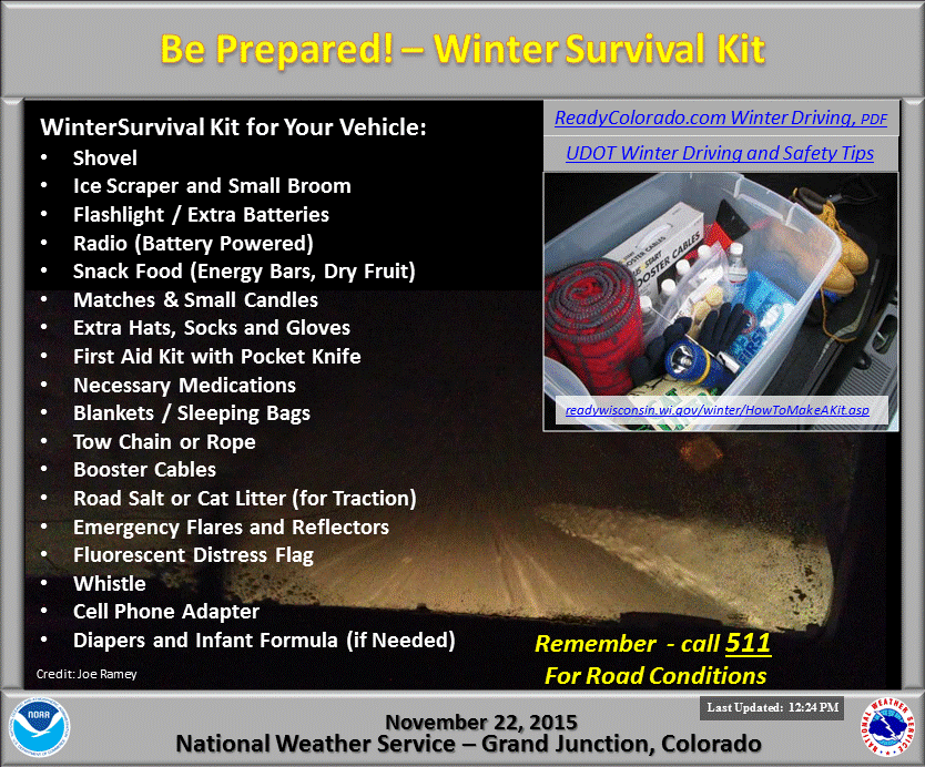 NWSGJT's tweet image. Carry a Winter Weather Survival Kit in your vehicle, &amp;amp; check the forecast before traveling! #cowx #utwx