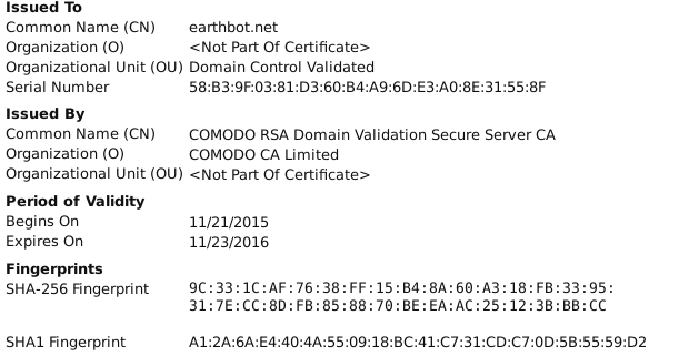 EarthbotStatus's tweet image. SSL Certificate update on Earthbot.net went fast! Still an A+ on qualys test :D Here is new fingerprint:
