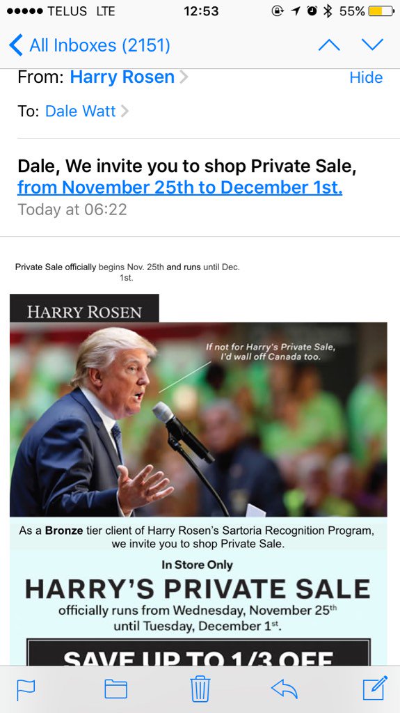 DaleWatt's tweet photo. @harryroseninc laying down the heat in their emails 😂 #harryrosen #Trump https://t.co/nrDwiethJY