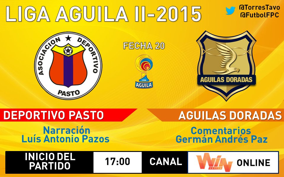 TorresTavo's tweet photo. Pasto - Águilas Doradas
TV: @WinSportsTv Online
Narra: @pazosnarrador 
Comenta: @narinodeportivo
#LigaAguilaxWIN https://t.co/dSgE2Pzug6