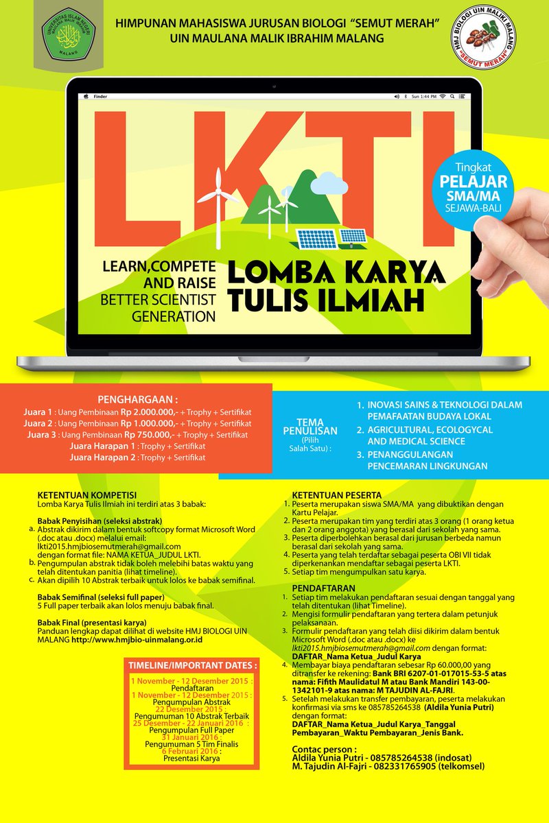 obi_uinmalang's tweet photo. Tahun ini HMJ BIOLGI uin malang gak cuma olimpiade biologi aja lho juga ada LKTI https://t.co/lCz8z3B91F