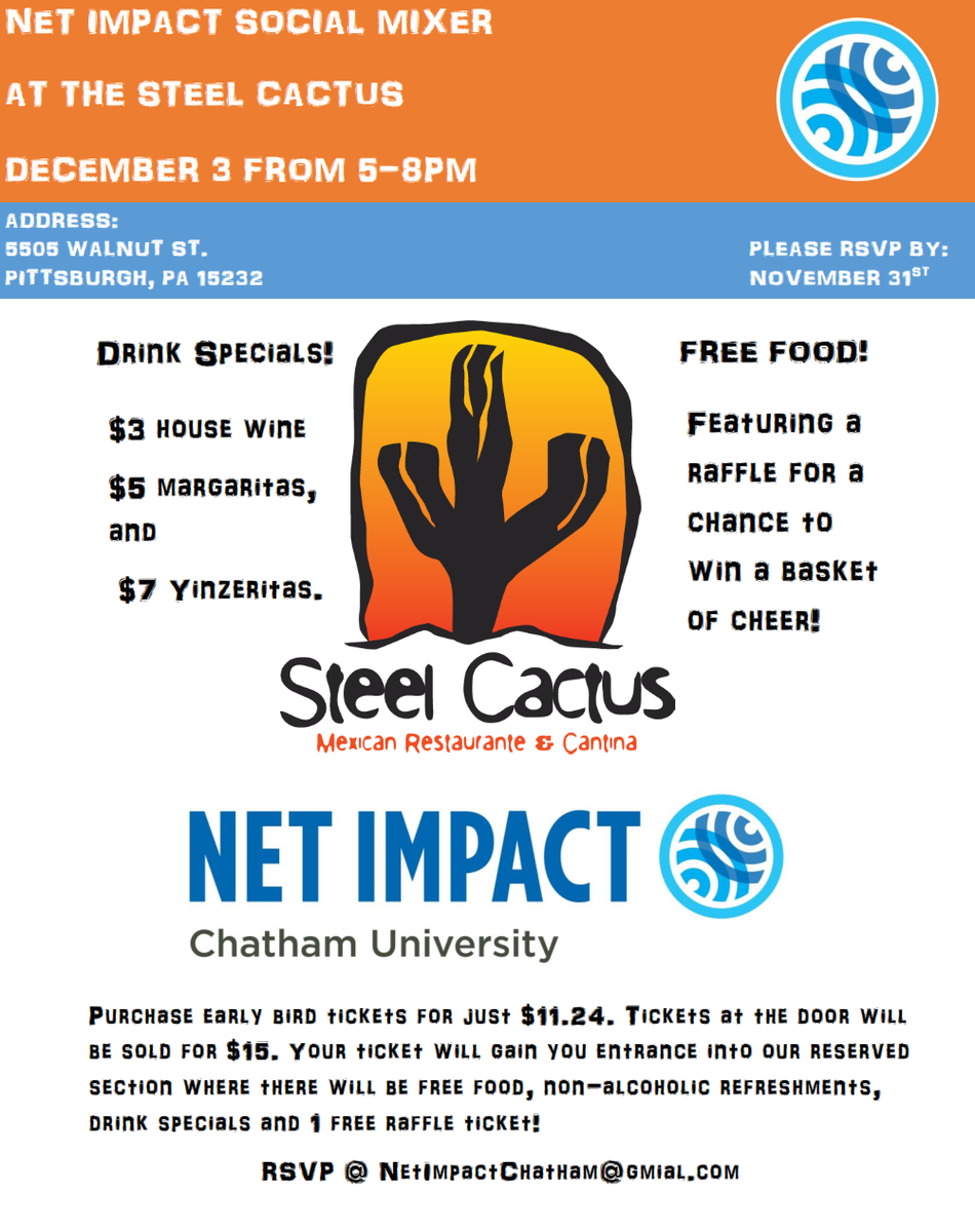 NetImpactPgh's tweet photo. DONT MISS OUT. Net Impact Social Mixer on Dec. 3rd from 5-8pm at the Steel Cactus in Shadyside. See Photo. https://t.co/bMNUwYBkdc