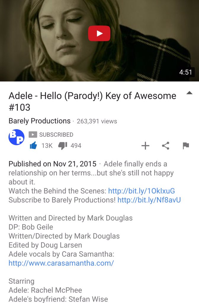 Lent my <a href="/Adele/">Adele</a> voice to this <a href="/TheKeyofAwesome/">The Key of Awesome</a> #Hello parody!#Adele <a href="/BPTweeted/">Barely Productions</a> <a href="/EMWmusicgroup/">EMW Music Group</a> youtu.be/emG3YhU9Efg