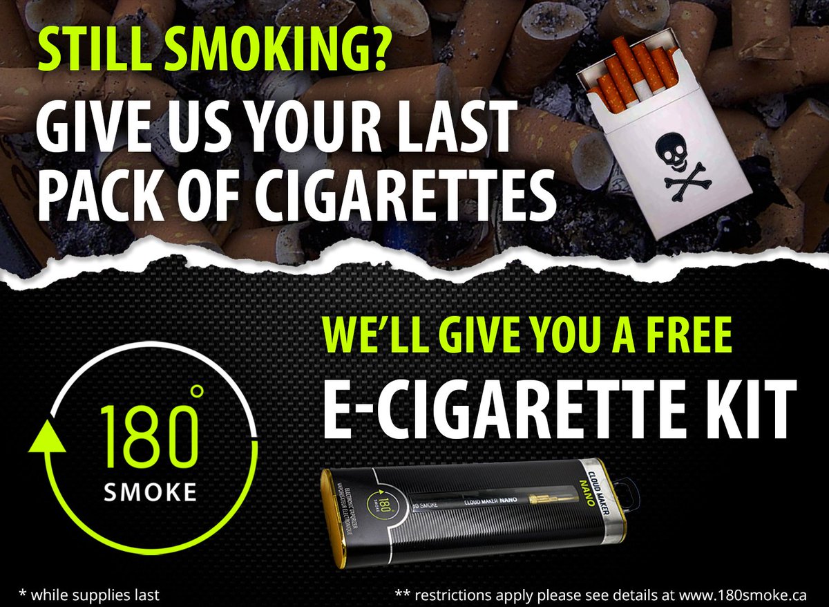 180Smoke's tweet photo. FREE a e-cigarette kit for your pack of cigarettes in our GTA stores this week! More info: https://t.co/XgWamn93bp https://t.co/WlpCa6YAne