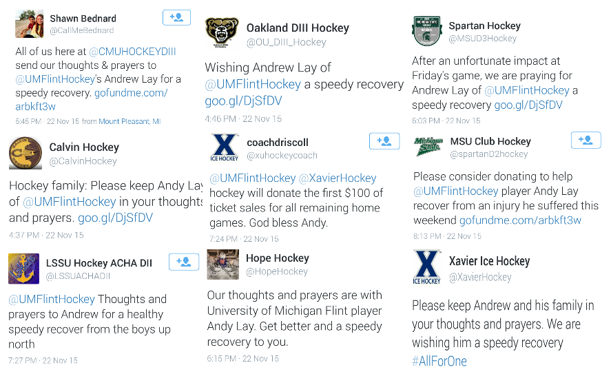 UMFlintHockey's tweet photo. We want to thank our hockey community for coming together for our teammate and brother. You are UNBELIEVABLE! https://t.co/S0VRILcXfu