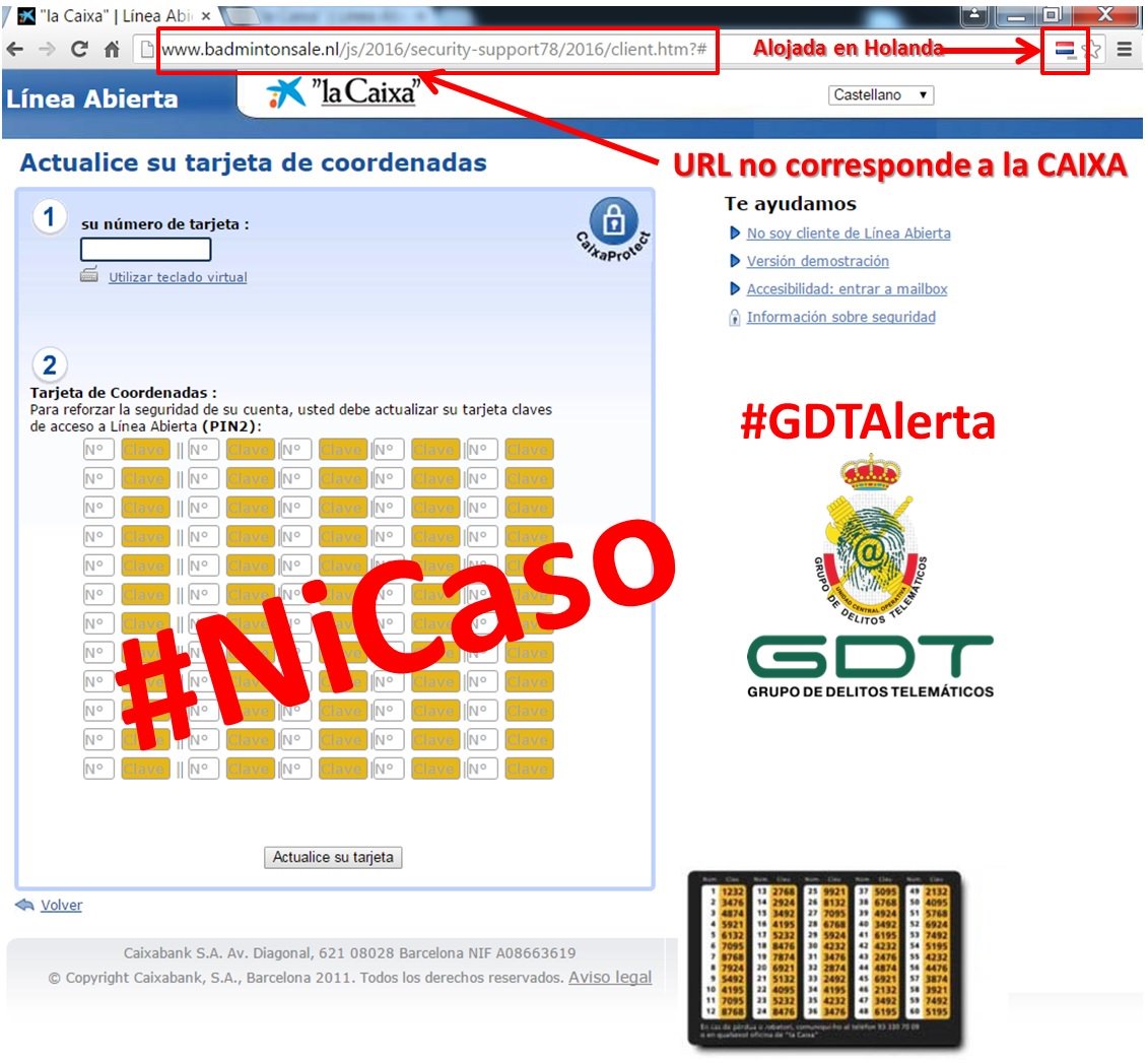 GDTGuardiaCivil's tweet photo. #GDTAlerta Nuevo #Phishing haciéndose pasar por @infoCaixa pidiendo TODOS los datos de tarjeta coordenadas #NiCaso https://t.co/rZvWNGzvx0