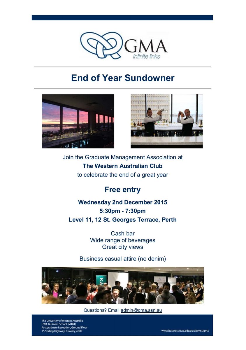 conradpires's tweet photo. Join @UWAGMA #FREE #EOY #sundowner 5:30pm Wed 02/12 https://t.co/5I5ZHpPTKZ #JustTurnUp #socialdrinks @UWABusSchool https://t.co/BlOUlV1MuO