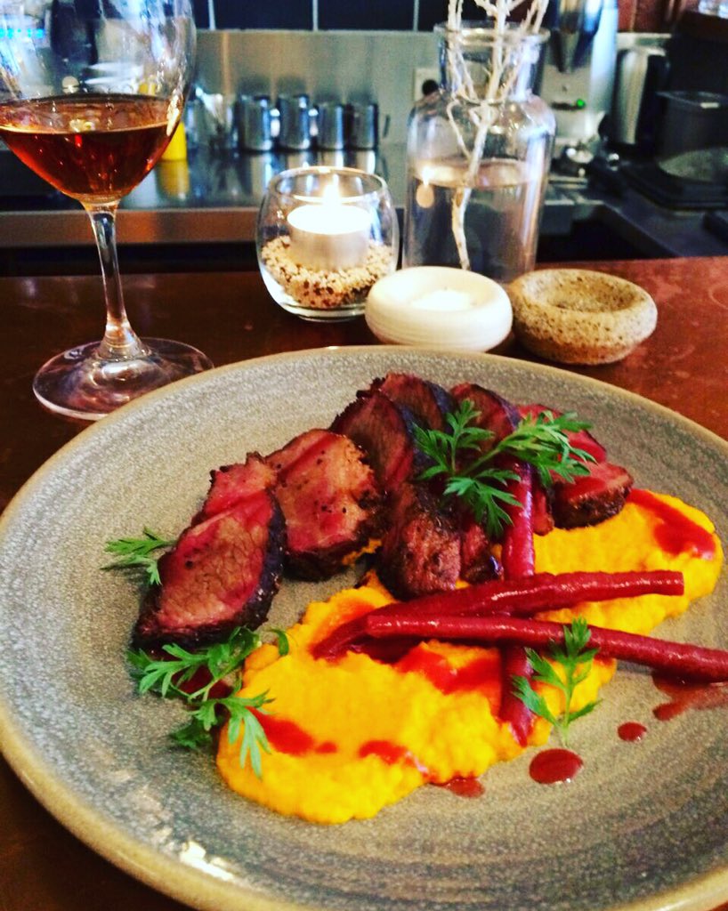 Chargrilled O'Connor beef brisket with coffee pickled heirloom carrots a glass of palo cortado to match!