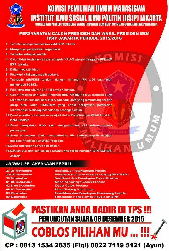 Ada info nih dari temen temen <a href="/BPMIISIP/">#PemiluRayaBEM15</a> nihh bagi yg mau mengajukan jadi ketua bem iisip Jakarta ini syarat nyaa