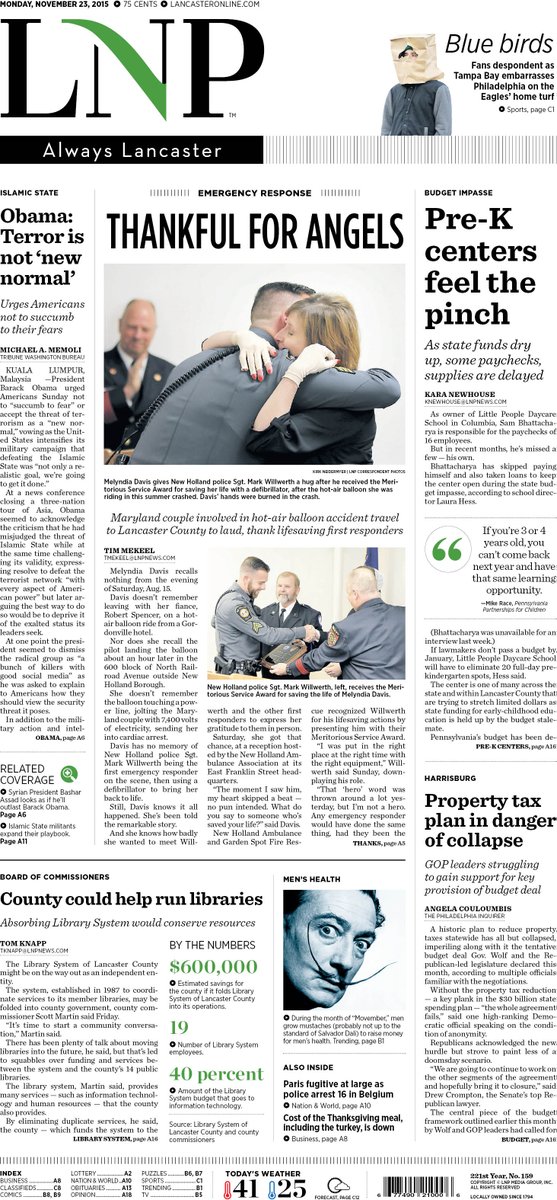 LancasterOnline's tweet photo. In Monday's #LNP: @POTUS says terror is not "new normal"; in #Harrsiburg, budget deal may collapse; and #Movember! https://t.co/NF0k8VX8oh